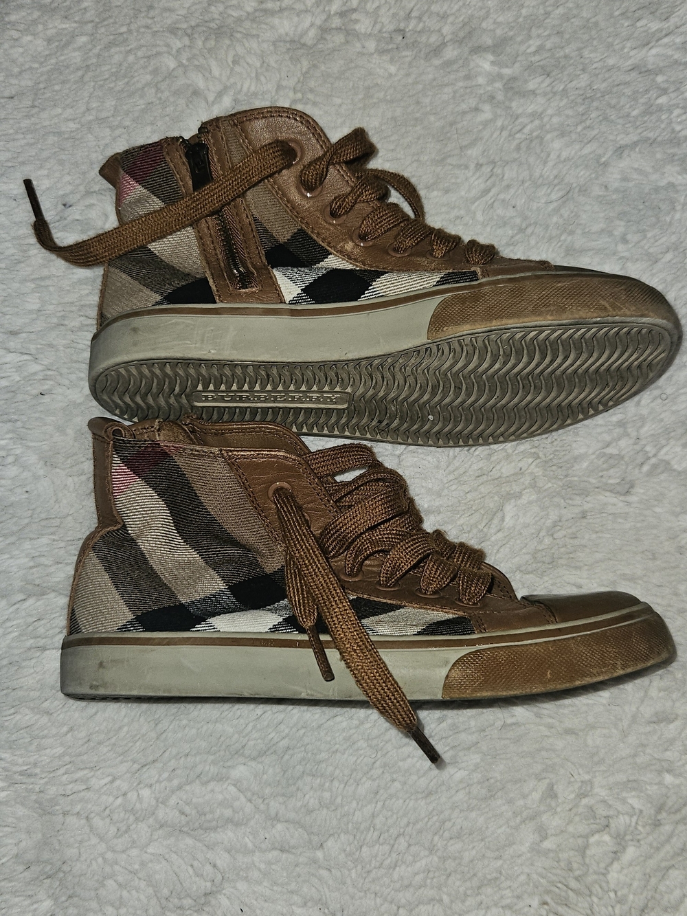 Burberry Brown Tan Check High-Top Sneakers for Kids